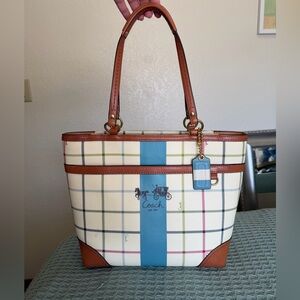 Y2K Coach Tattersall blue stripe heritage tote